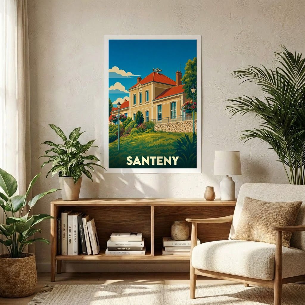 Affiche souvenir de la ville de Santeny avec une illustration stylisée d'une demeure traditionnelle.