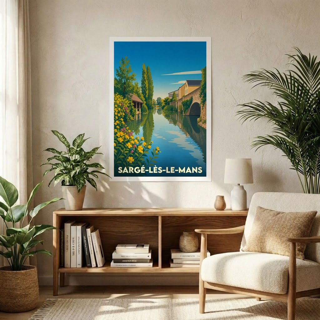 Affiche souvenir de la ville de Sargé-lès-le-Mans avec une illustration stylisée d'une rivière bordée de fleurs et d'un pont en pierre.