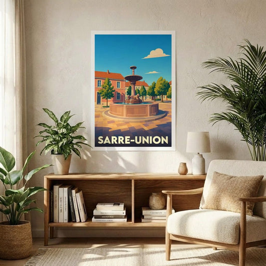 Affiche souvenir de la ville de Sarre-Union représentant sa fontaine emblématique dans un style graphique rétro.