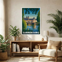 Affiche souvenir de la ville de Sarrebourg avec une illustration stylisée d'un bâtiment historique au bord de l'eau.