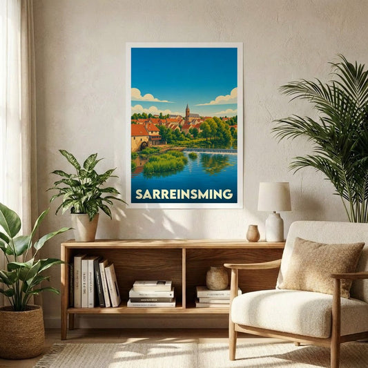 Affiche souvenir de la ville de Sarreinsming avec une illustration stylisée d'un paysage urbain au bord de l'eau.
