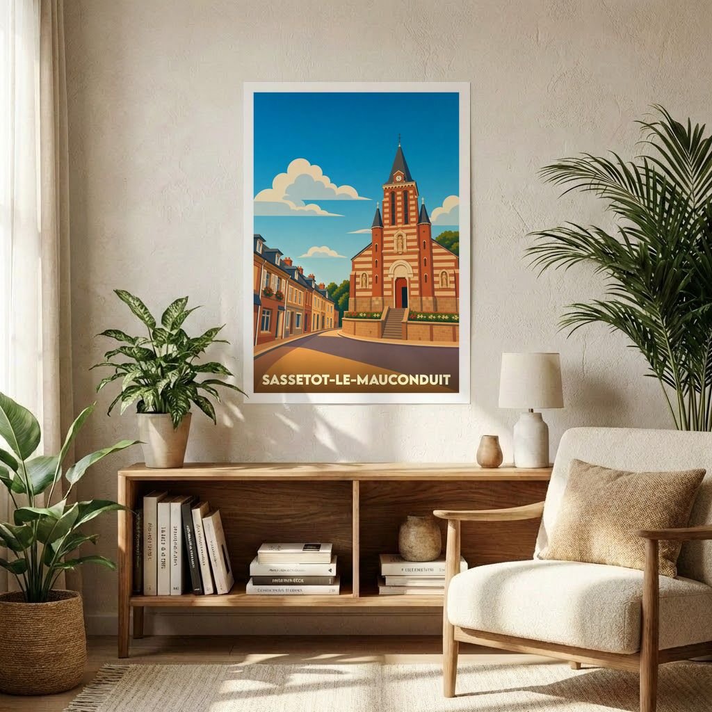Affiche souvenir de la ville de Sassetot-le-Mauconduit avec une illustration stylisée de son église et de ses rues.
