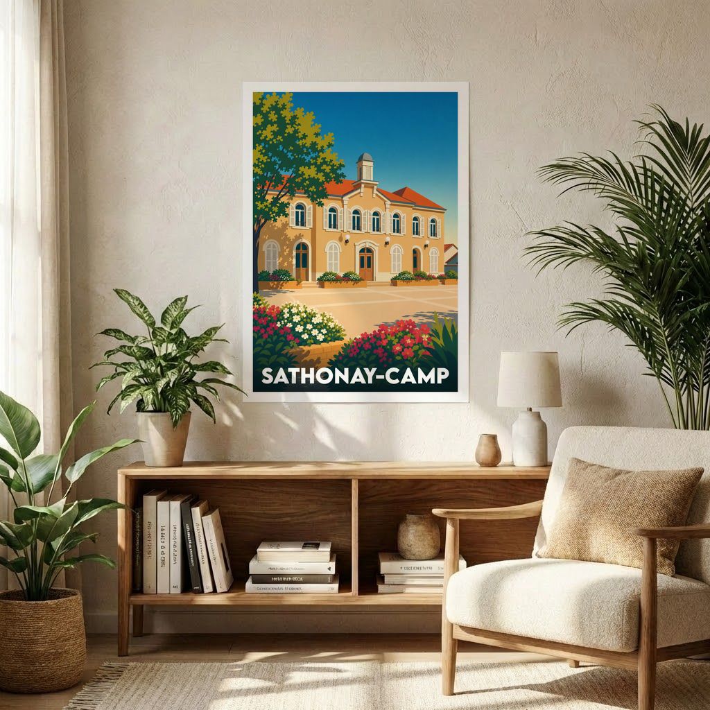 Affiche souvenir de la ville de Sathonay-Camp avec une illustration stylisée et colorée de son patrimoine architectural.