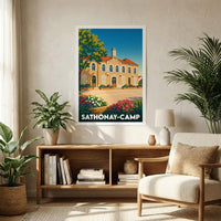 Affiche souvenir de la ville de Sathonay-Camp avec une illustration stylisée et colorée de son patrimoine architectural.