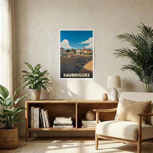 Affiche souvenir de la ville de Saubrigues avec une illustration stylisée et colorée du centre-ville.
