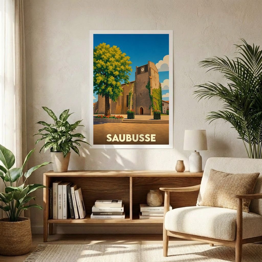 Affiche souvenir de la ville de Saubusse avec une illustration stylisée d'une église et de son clocher.