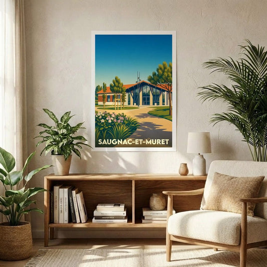 Affiche souvenir de la ville de Saugnac-et-Muret avec une illustration stylisée d'un bâtiment moderne.