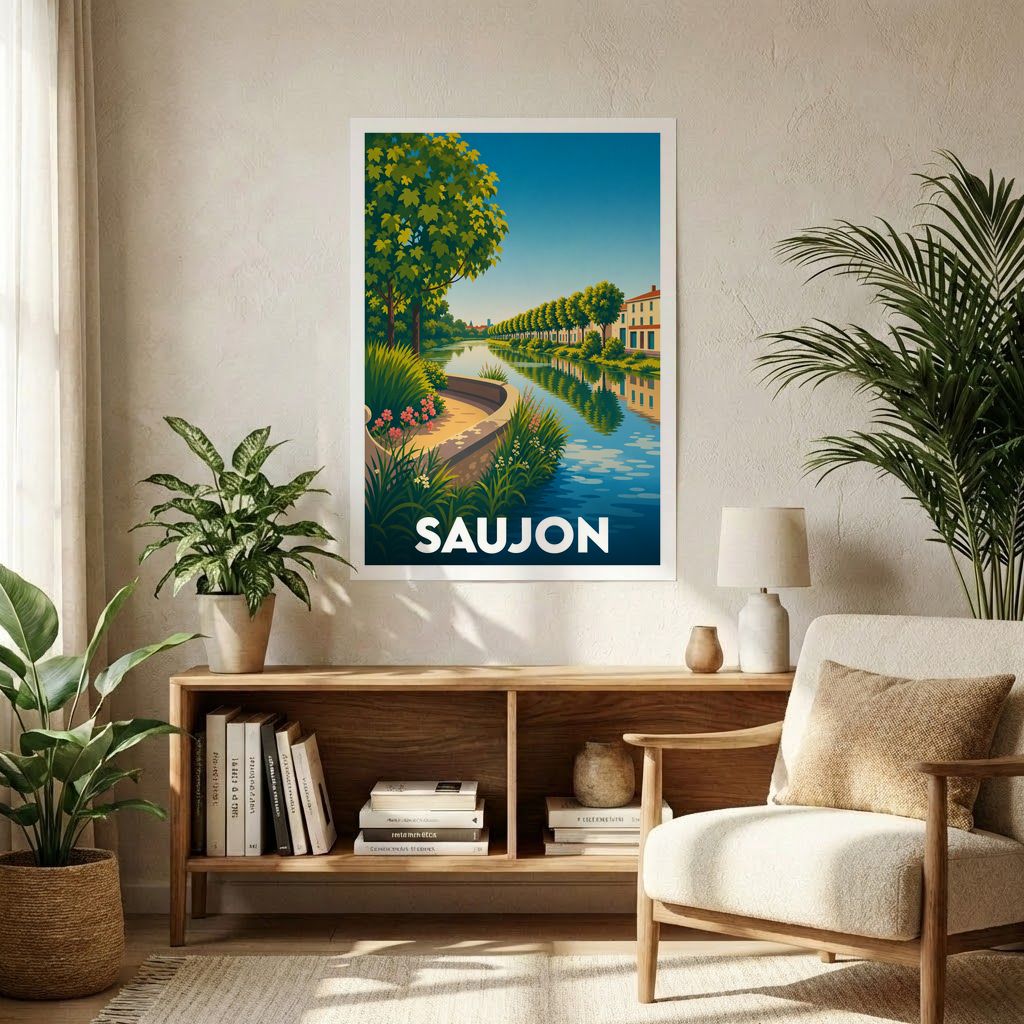 Affiche souvenir de la ville de Saujon avec une illustration stylisée d'un canal bordé d'arbres.