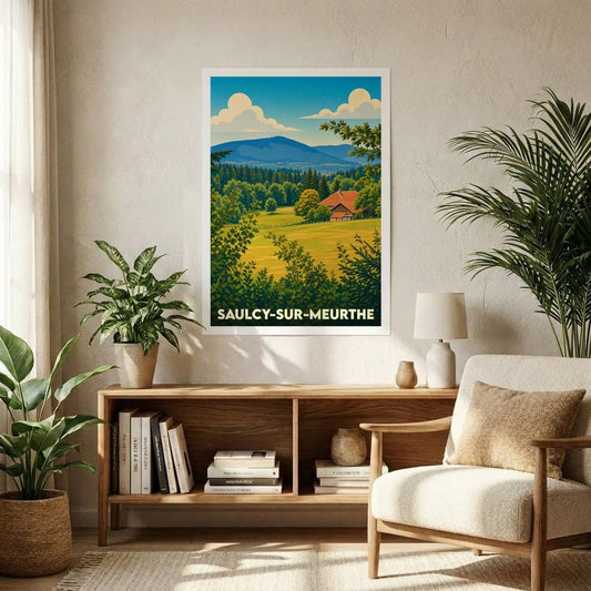 Affiche souvenir de la ville de Saulcy-sur-Meurthe avec une illustration paysagère stylisée.