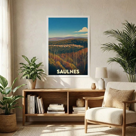 Affiche souvenir de la ville de Saulnes représentant un paysage vallonné et boisé dans un style graphique épuré.