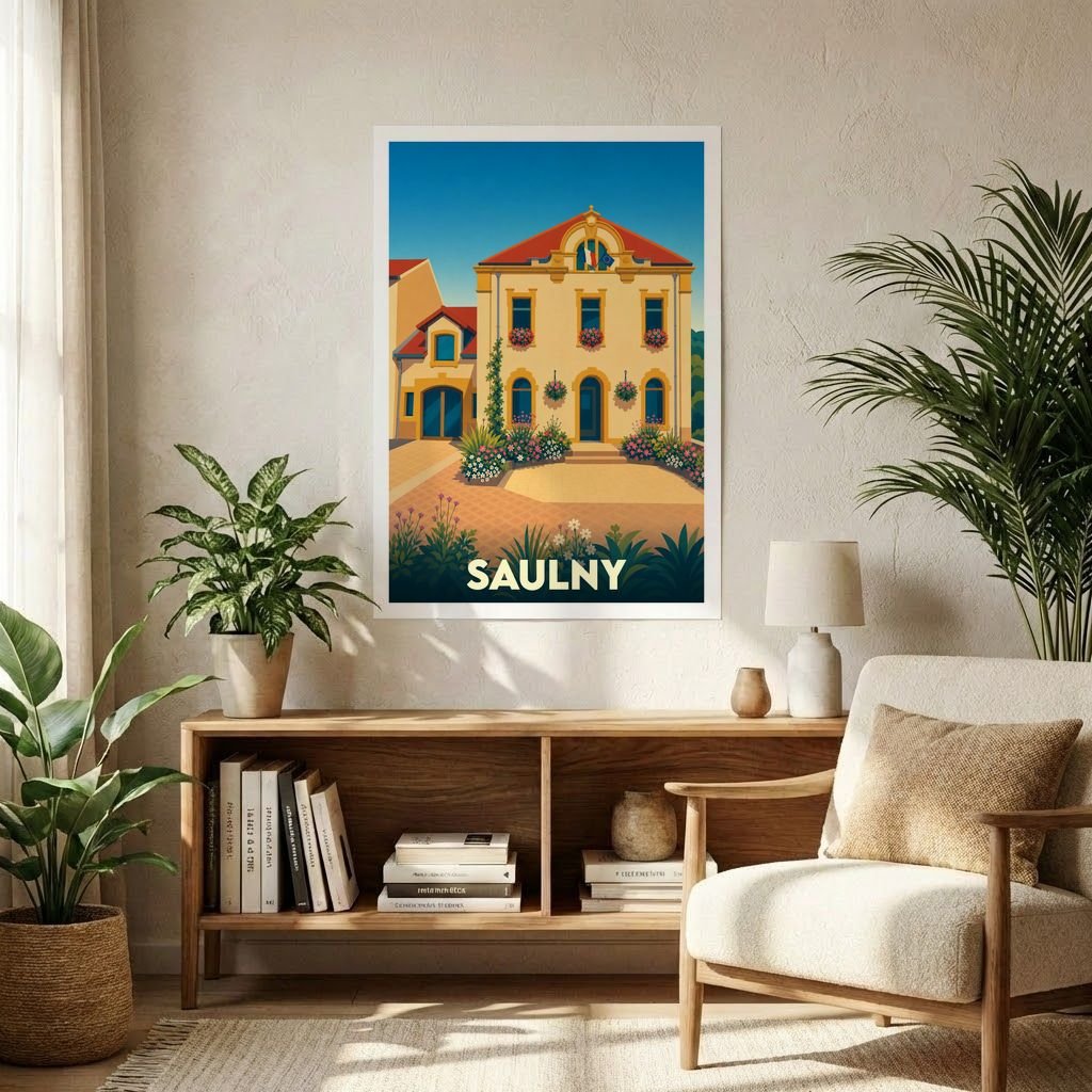 Affiche souvenir de la ville de Saulny avec une illustration stylisée d'un bâtiment fleuri sous un ciel bleu.