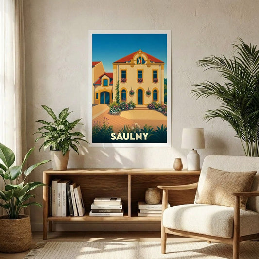 Affiche souvenir de la ville de Saulny avec une illustration stylisée d'un bâtiment fleuri sous un ciel bleu.