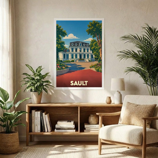 Affiche souvenir de la ville de Sault avec une illustration stylisée d'un bâtiment historique entouré de végétation.
