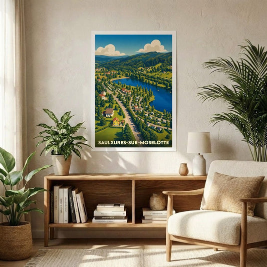 Affiche souvenir de la ville de Saulxures-sur-Moselotte avec une illustration stylisée d'un paysage montagneux et de son lac.