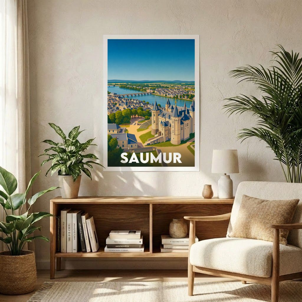 Affiche souvenir de la ville de Saumur avec une illustration stylisée de son château surplombant la Loire.