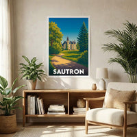 Affiche souvenir de la ville de Sautron représentant une illustration stylisée d'un château et de son parc.