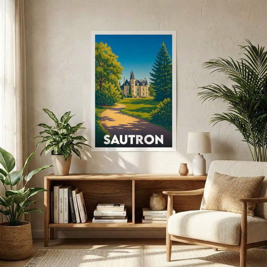 Affiche souvenir de la ville de Sautron représentant une illustration stylisée d'un château et de son parc.