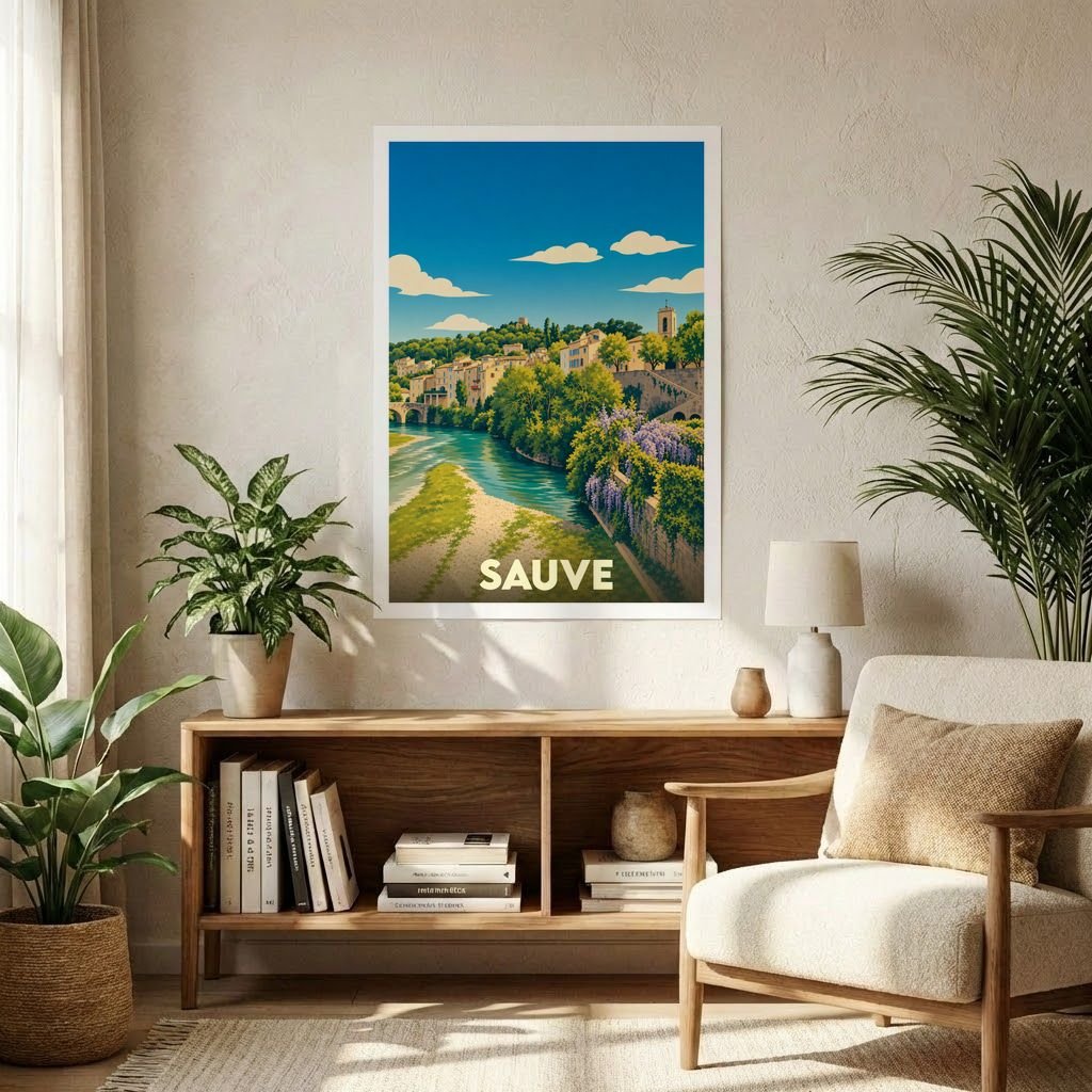 Affiche souvenir de la ville de Sauve présentant une illustration stylisée et colorée de ses paysages au bord de l'eau.