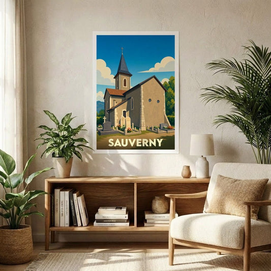 Affiche souvenir de la ville de Sauverny avec une illustration stylisée de son église et de son cimetière.