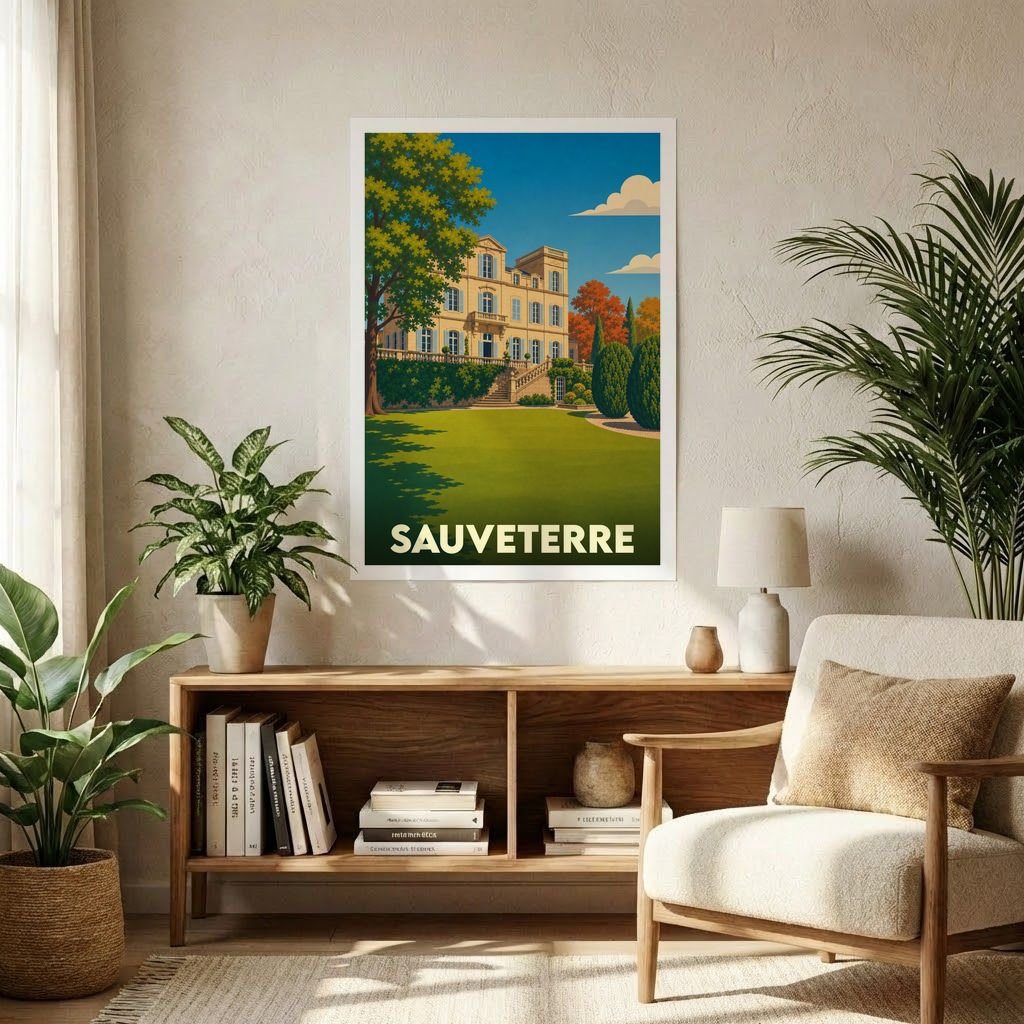 Affiche souvenir de la ville de Sauveterre représentant une demeure bourgeoise et son parc dans un style vintage.