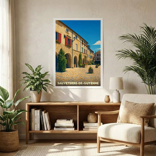 Affiche souvenir de la ville de Sauveterre-de-Guyenne avec une illustration stylisée de sa place à arcades.