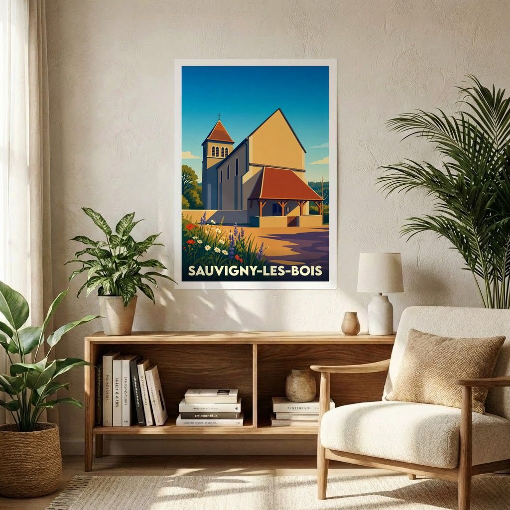 Affiche souvenir de la ville de Sauvigny-les-Bois avec une illustration stylisée de son église.