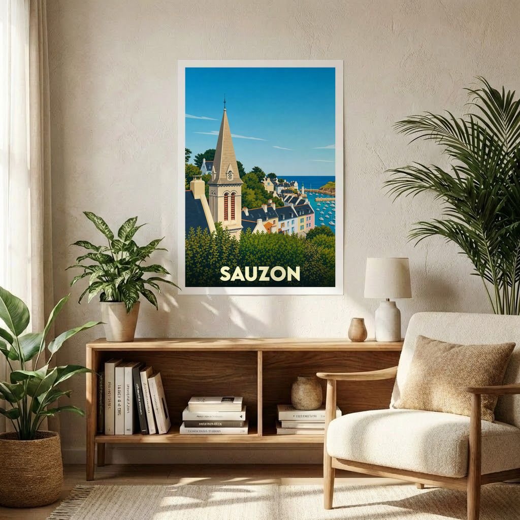 Affiche souvenir de la ville de Sauzon avec une illustration stylisée et colorée.