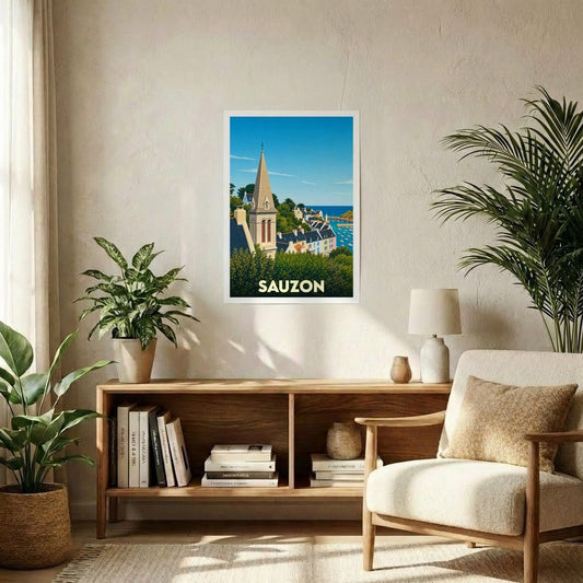 Affiche souvenir de la ville de Sauzon présentant une illustration colorée de son clocher et de son port.