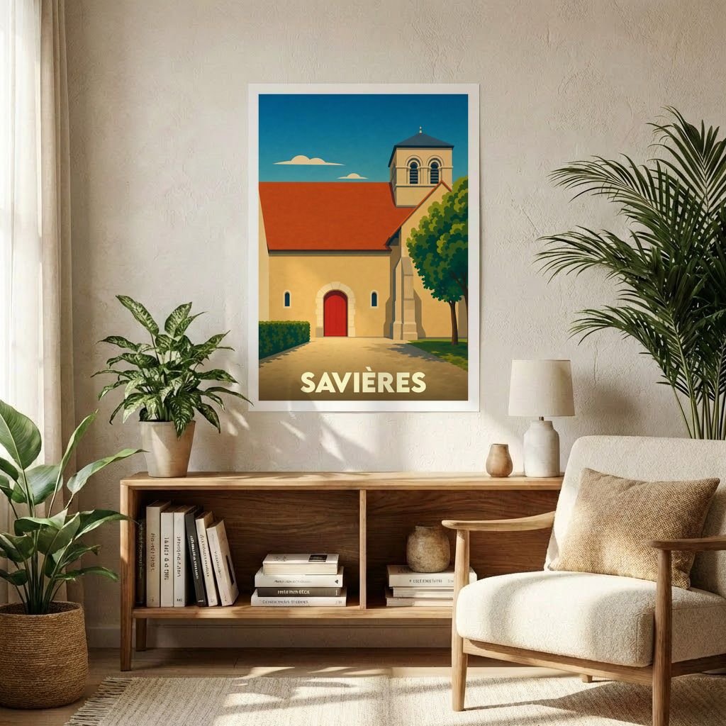 Affiche souvenir de la ville de Savières avec une illustration stylisée de son église au toit rouge.