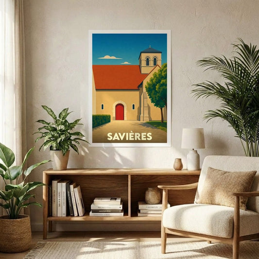 Affiche souvenir de la ville de Savières avec une illustration stylisée de son église au toit rouge.