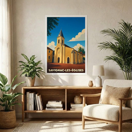 Affiche souvenir de la ville de Savignac-les-Églises avec une illustration stylisée de son église.