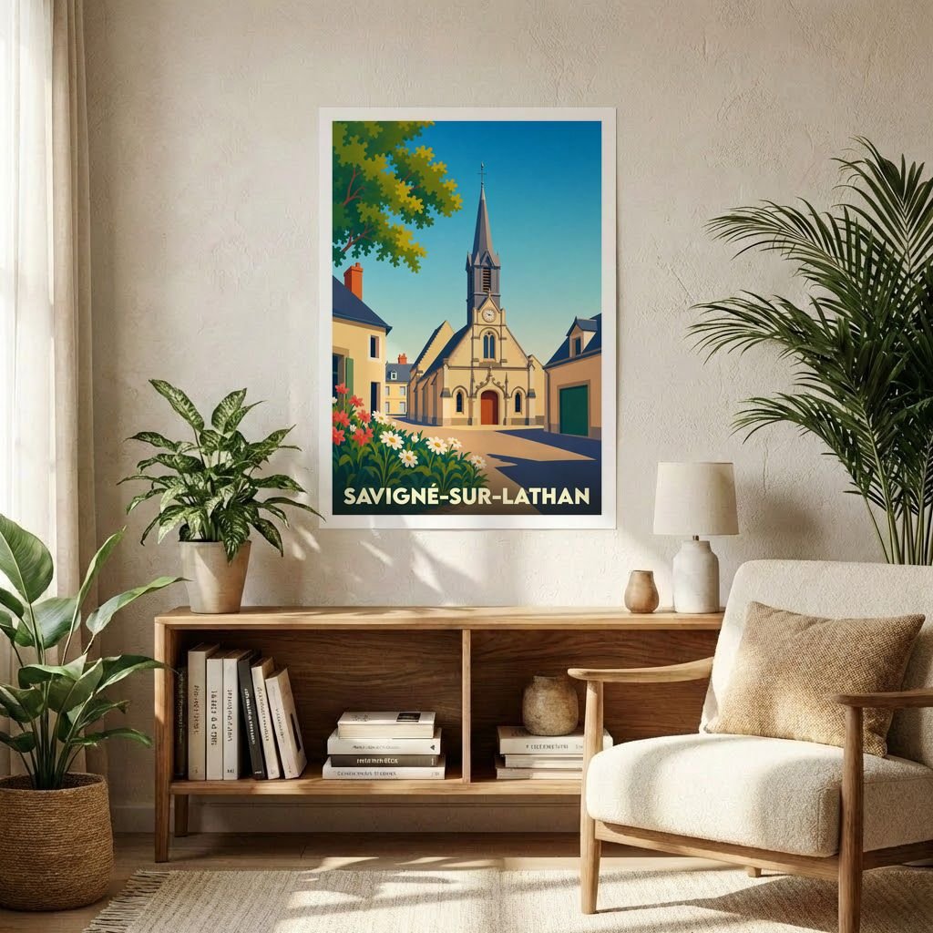 Affiche souvenir de la ville de Savigné-sur-Lathan avec une illustration stylisée d'une église sous un ciel bleu.