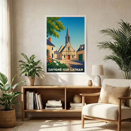 Affiche souvenir de la ville de Savigné-sur-Lathan avec une illustration stylisée d'une église sous un ciel bleu.