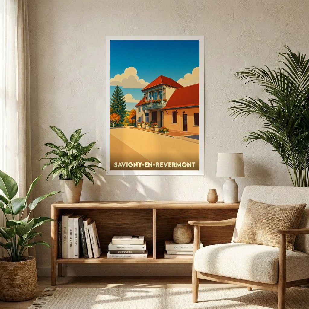 Affiche souvenir de la ville de Savigny-en-Revermont avec une illustration stylisée et colorée.
