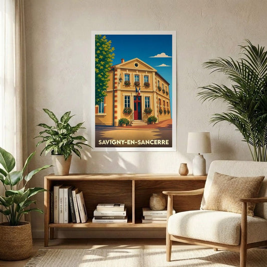 Affiche souvenir de la ville de Savigny-en-Sancerre avec une illustration stylisée d'un bâtiment typique.