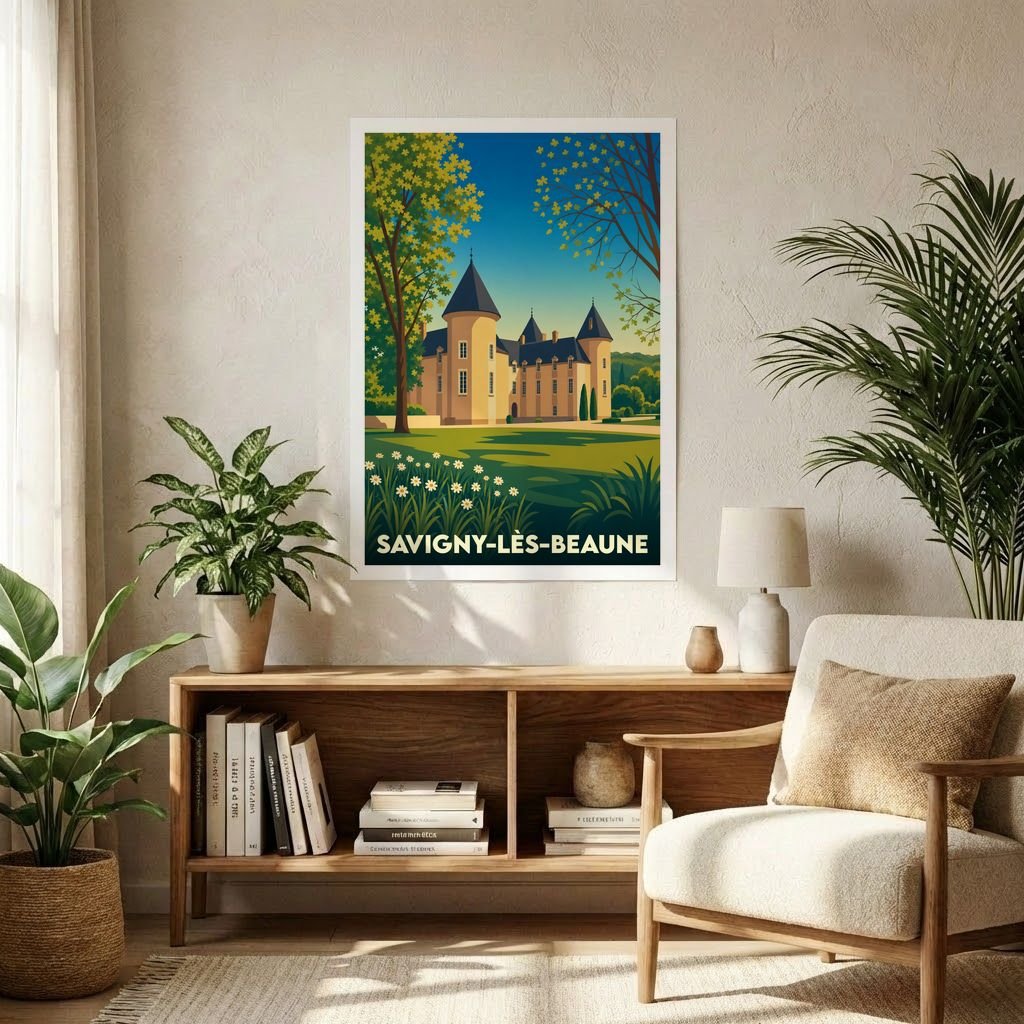 Affiche souvenir de la ville de Savigny-lès-Beaune avec une illustration stylisée de son château.