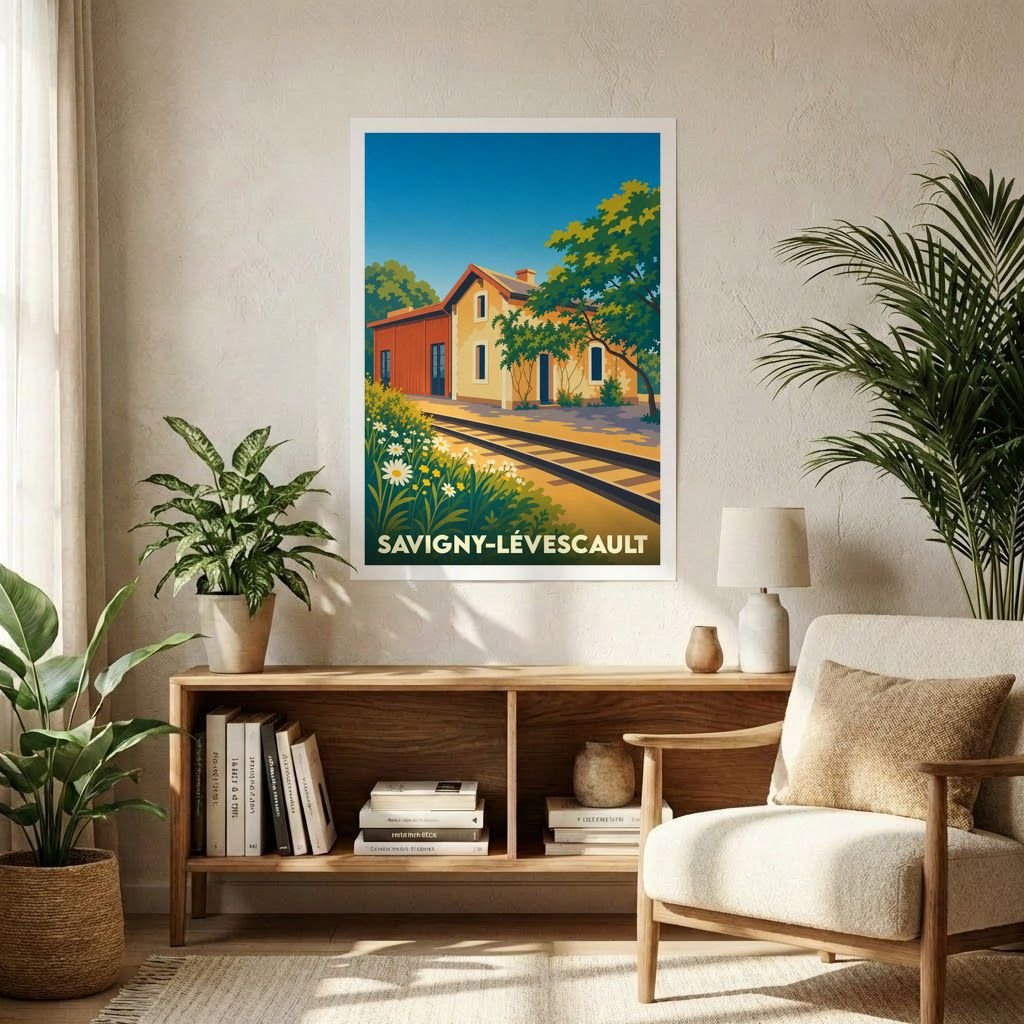 Affiche souvenir de la ville de Savigny-Lévescault illustrant sa gare pittoresque dans un style rétro.