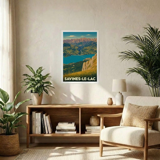 Affiche souvenir de la ville de Savines-le-Lac présentant une illustration stylisée du lac et des montagnes environnantes.
