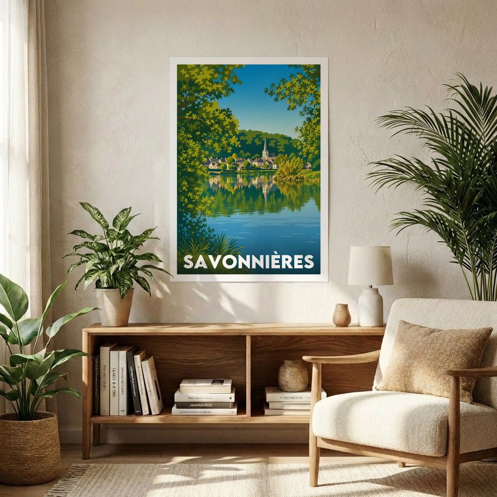 Affiche souvenir de la ville de Savonnières avec une illustration stylisée d'un paysage au bord de l'eau.