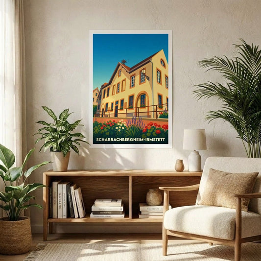 Affiche souvenir de la ville de Scharrachbergheim-Irmstett avec une illustration stylisée.