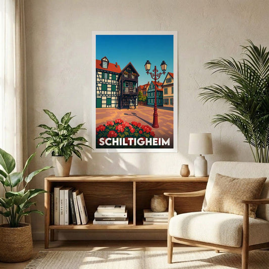 Affiche souvenir de la ville de Schiltigheim avec une illustration stylisée de ses maisons à colombages.