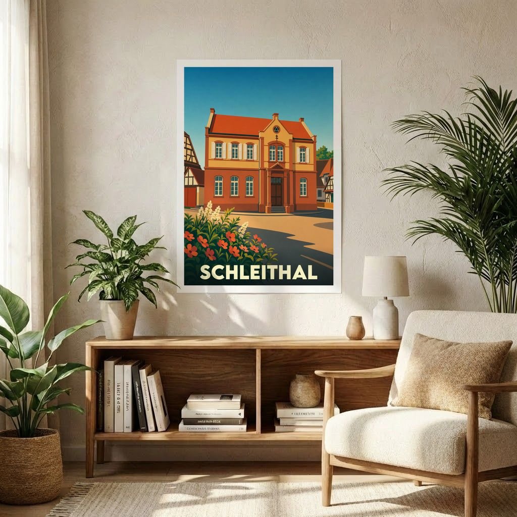 Affiche souvenir de la ville de Schleithal avec une illustration stylisée d'un bâtiment traditionnel alsacien.