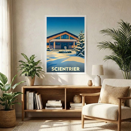 Affiche souvenir de la ville de Scientrier illustrant un paysage enneigé avec un bâtiment de montagne stylisé.