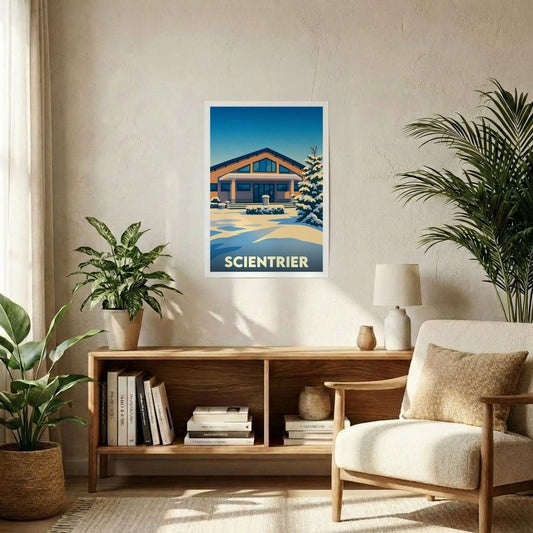Affiche souvenir de la ville de Scientrier avec une illustration stylisée d'un bâtiment sous la neige.