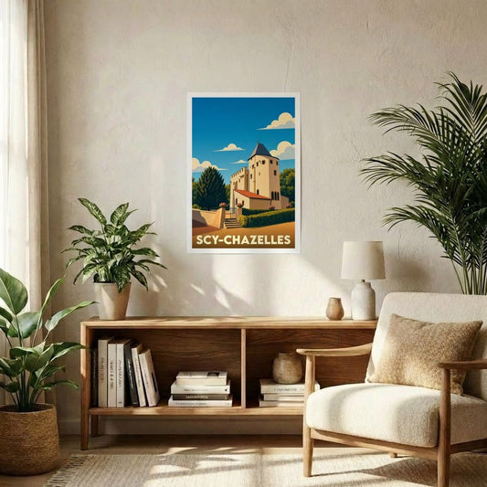 Affiche souvenir de la ville de Scy-Chazelles avec une illustration stylisée.