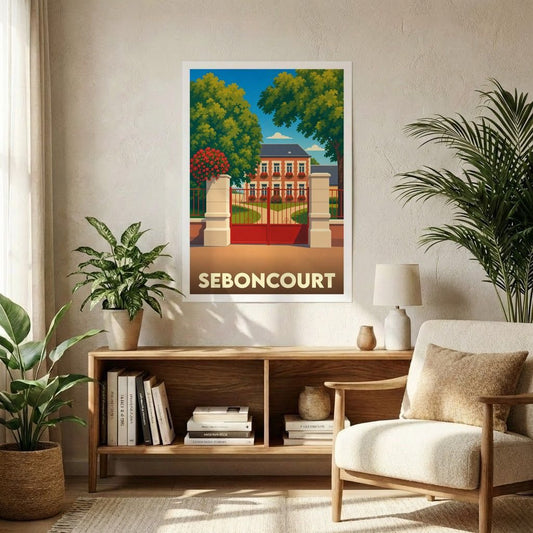 Affiche souvenir de la ville de Seboncourt illustrant une grande demeure derrière une grille rouge dans un style rétro.