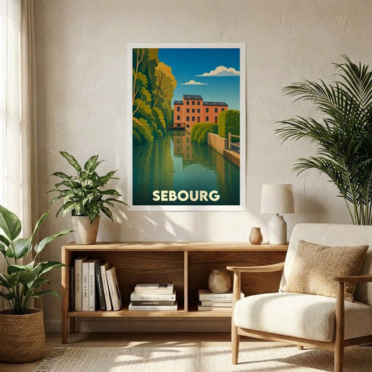 Affiche souvenir de la ville de Sebourg avec une illustration stylisée d'un moulin au bord de l'eau.