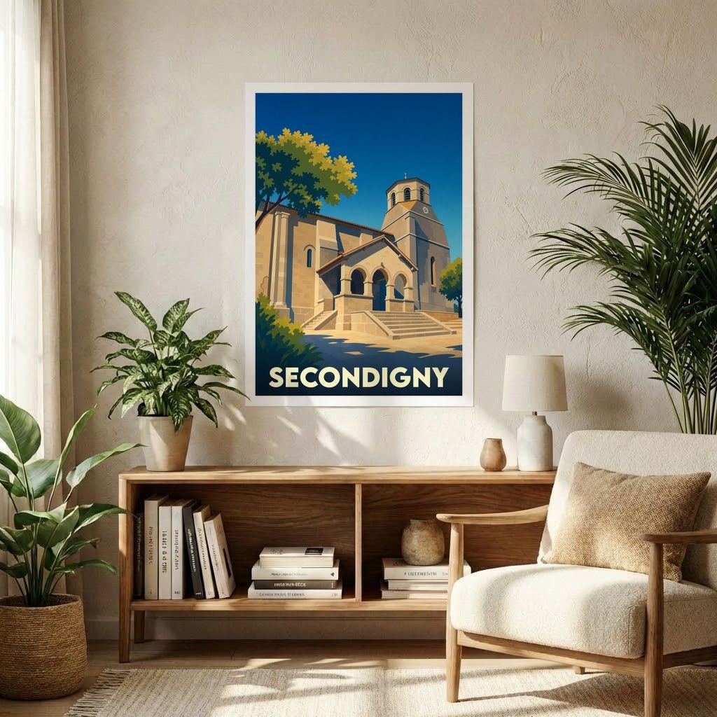 Affiche souvenir de la ville de Secondigny avec une illustration stylisée d'une église sous un ciel bleu.