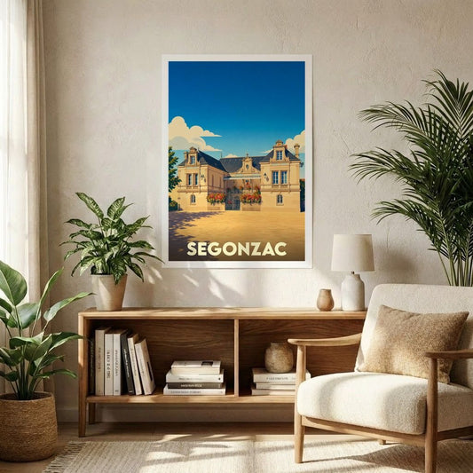Affiche souvenir de la ville de Segonzac avec une illustration stylisée d'un bâtiment historique sous un ciel bleu.