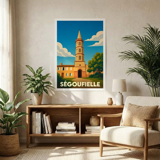 Affiche souvenir de la ville de Ségoufielle représentant son église dans un style graphique épuré et coloré.